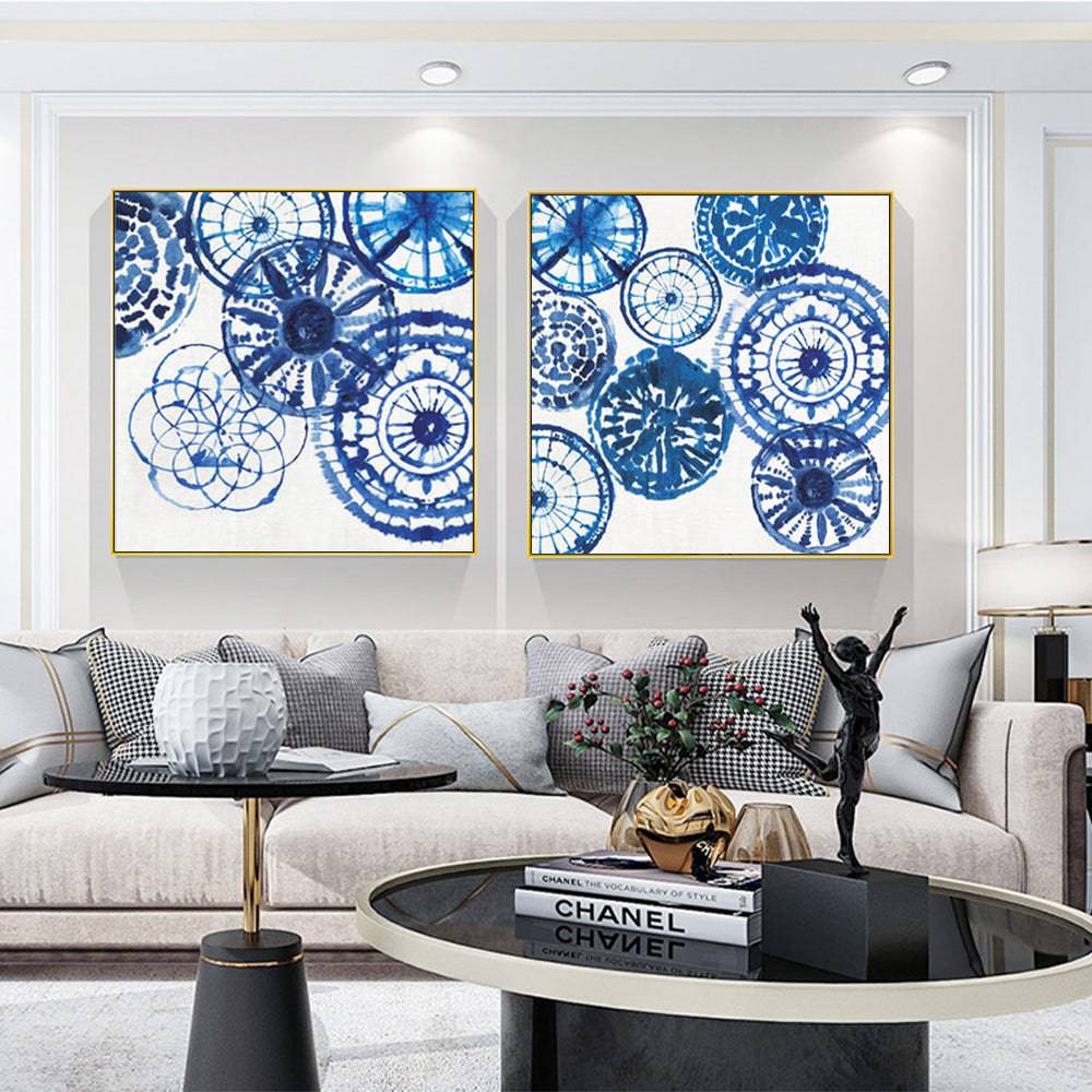 Blue Day 2 Sets Gold Frame Canvas - Wall Art - 90cmx90cm - STripleB