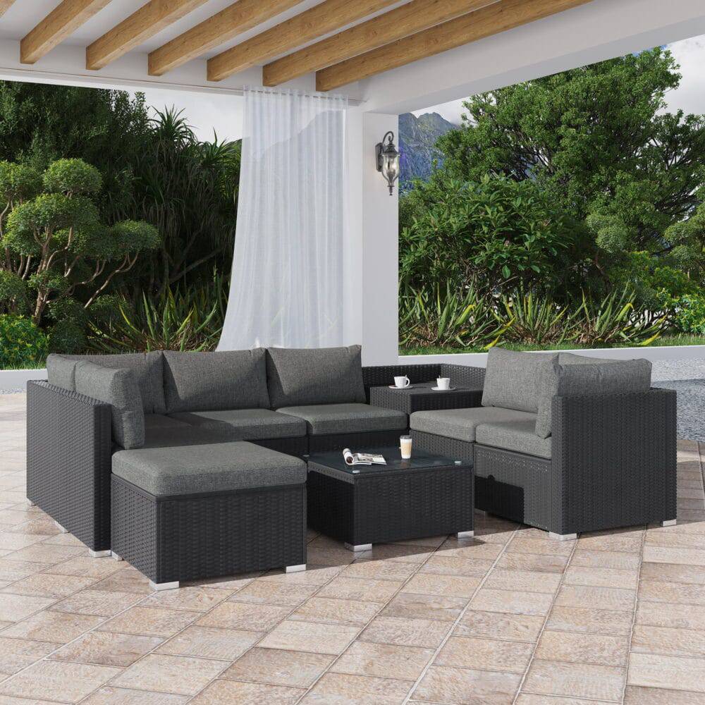 9 PC Outdoor Ottoman Lounge Set - Black - STripleB