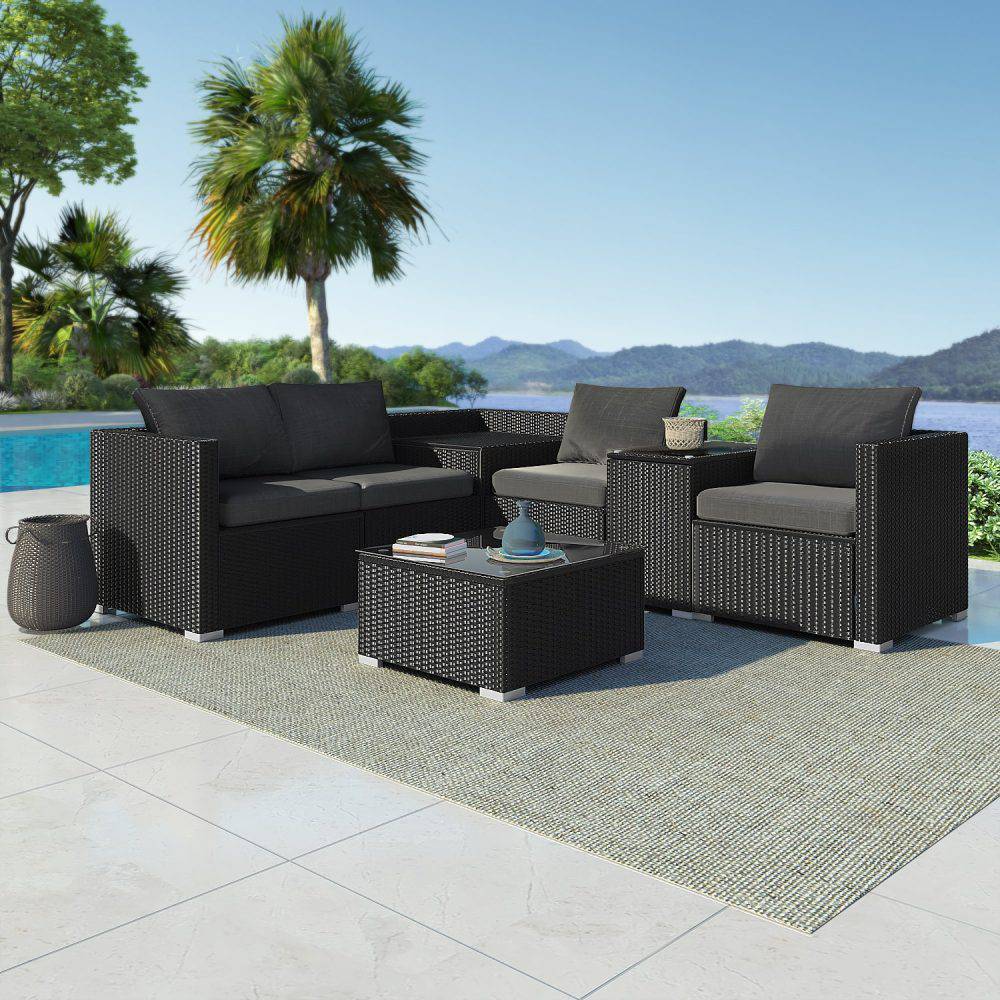 7PC Outdoor Wicker Loveseat Setting with Storage Corner - (Black) - STripleB