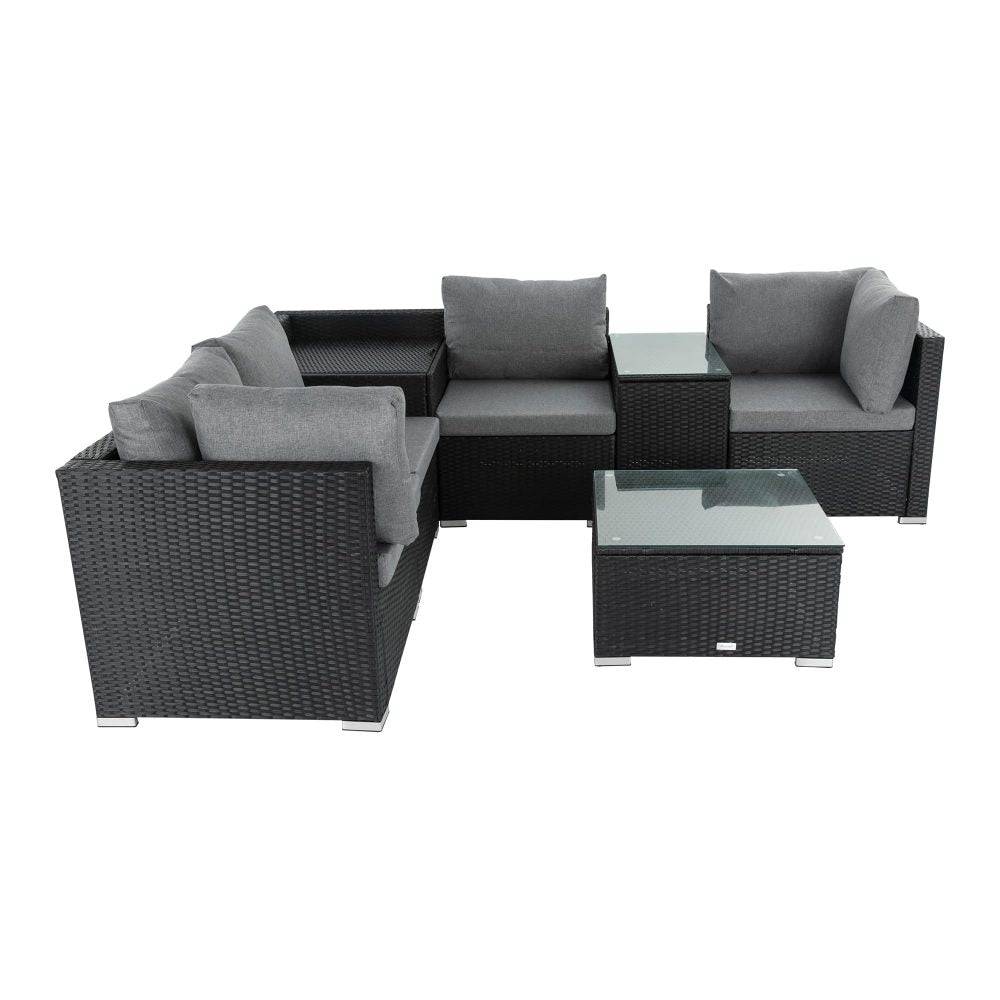 7PC Outdoor Wicker Loveseat Setting with Storage Corner - (Black) - STripleB
