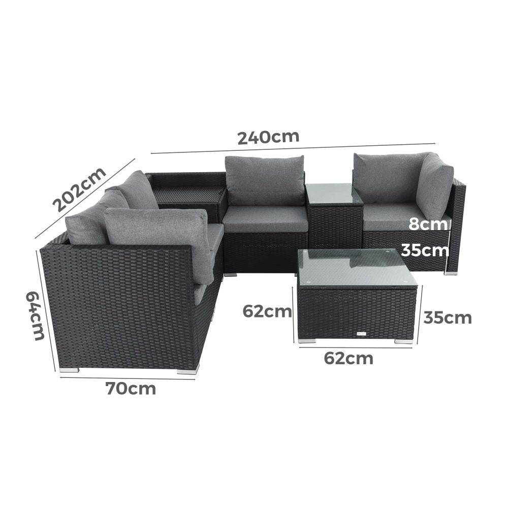 7PC Outdoor Wicker Loveseat Setting with Storage Corner - (Black) - STripleB