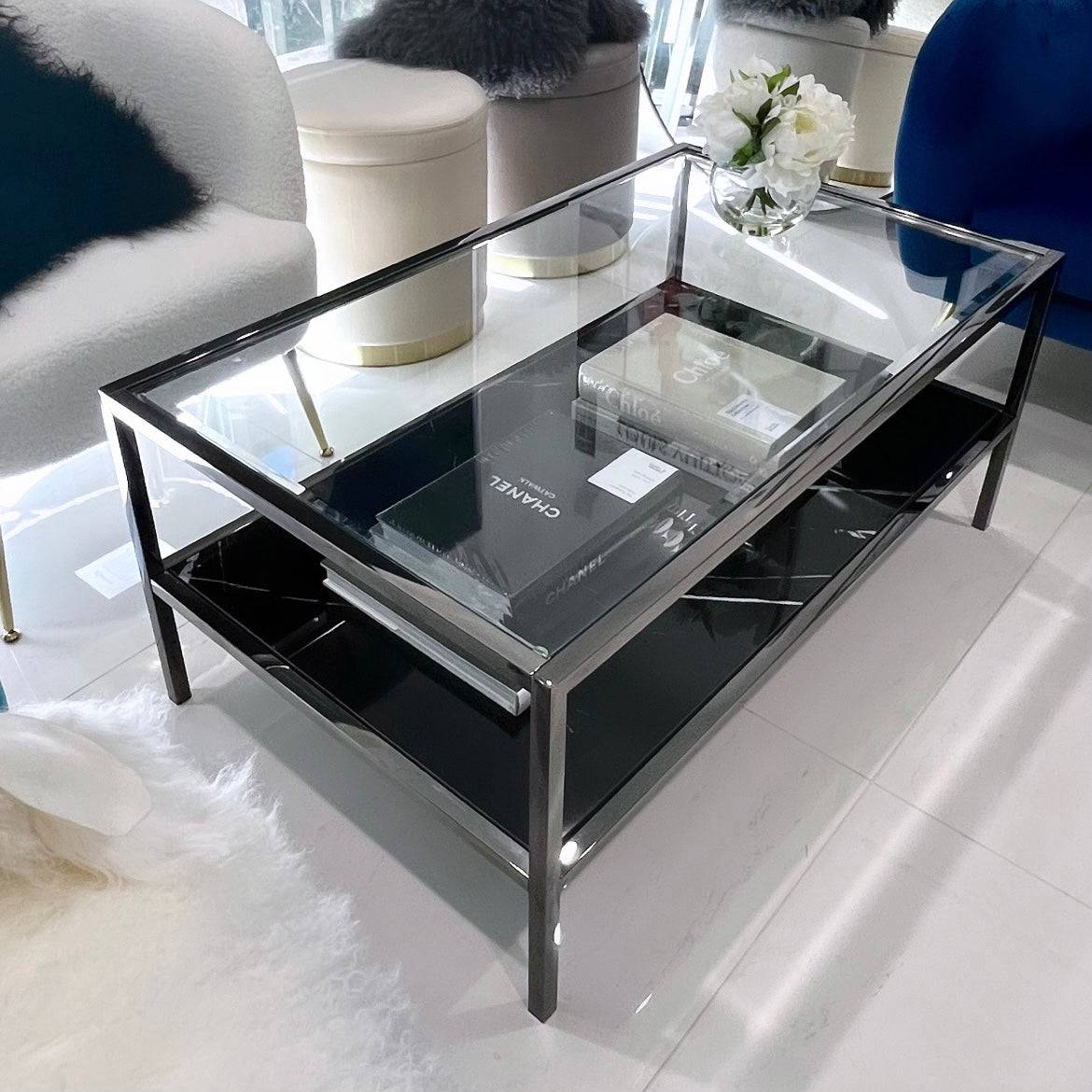Black Marble Stone & Glass Coffee Table - STripleB