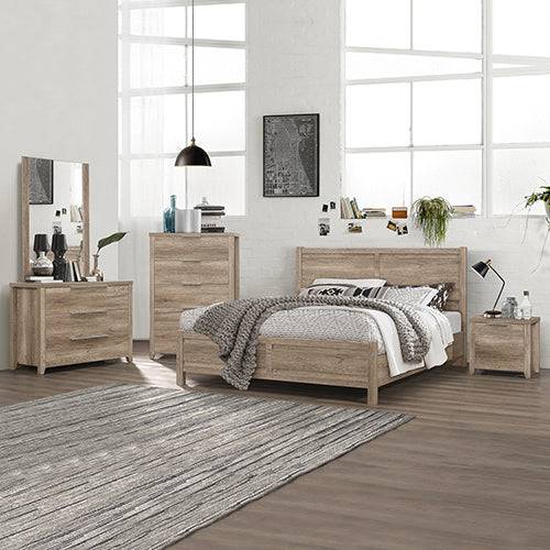 Queen Size - 5 PCs Bedroom Suite - Natural Wood-Oak Colour (Bed, Bedside Table, Tallboy & Dresser) - STripleB