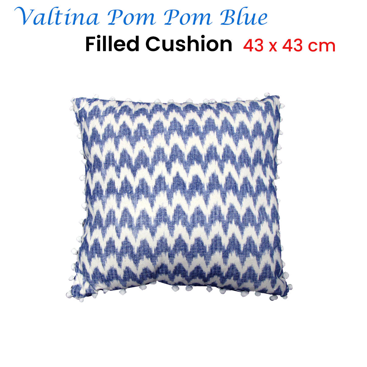 Blue - Pom Pom Filled Cushion - 43 x 43cm - STripleB