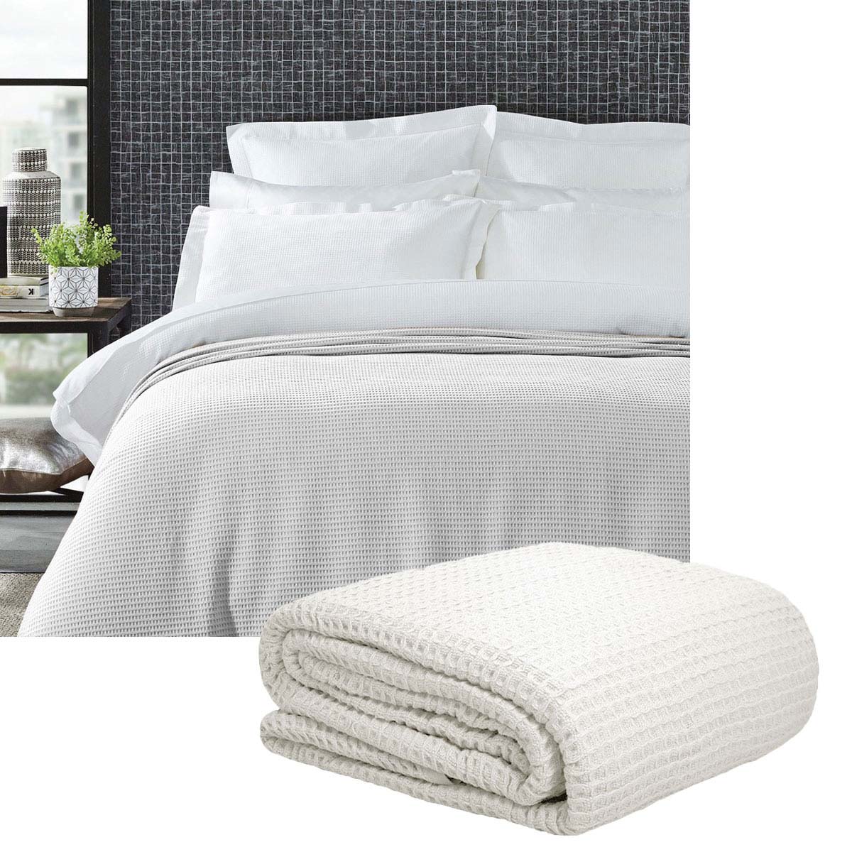 Living @ Home 350gsm 100% Cotton Breathable Waffle Blanket Queen 240 x 255 cm White - STripleB