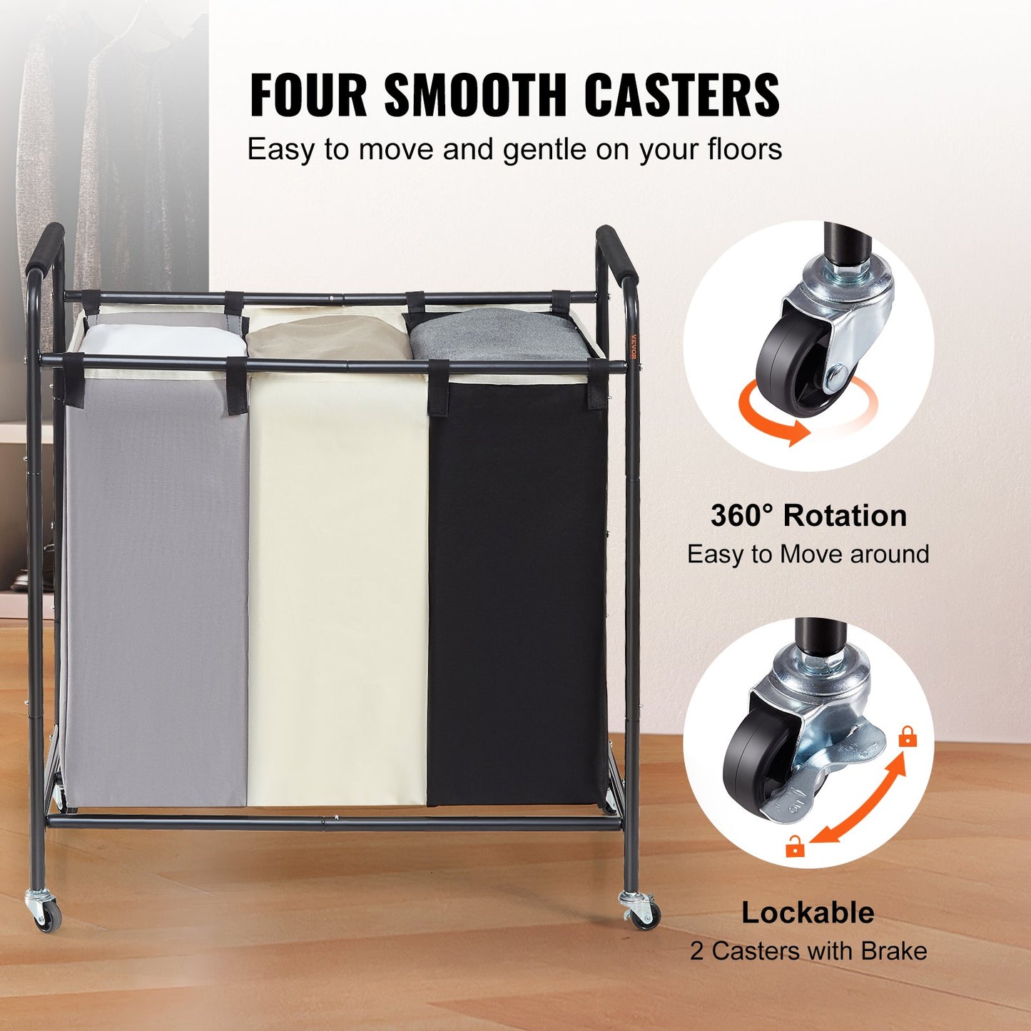 VEVOR 3-Section Laundry Basket, Heavy Duty Laundry Hamper Storage Organizer, Laundry Sorter Cart with Heavy Duty Lockable Wheels for Dirty Clothes in Laundry Room Bedroom - STripleB