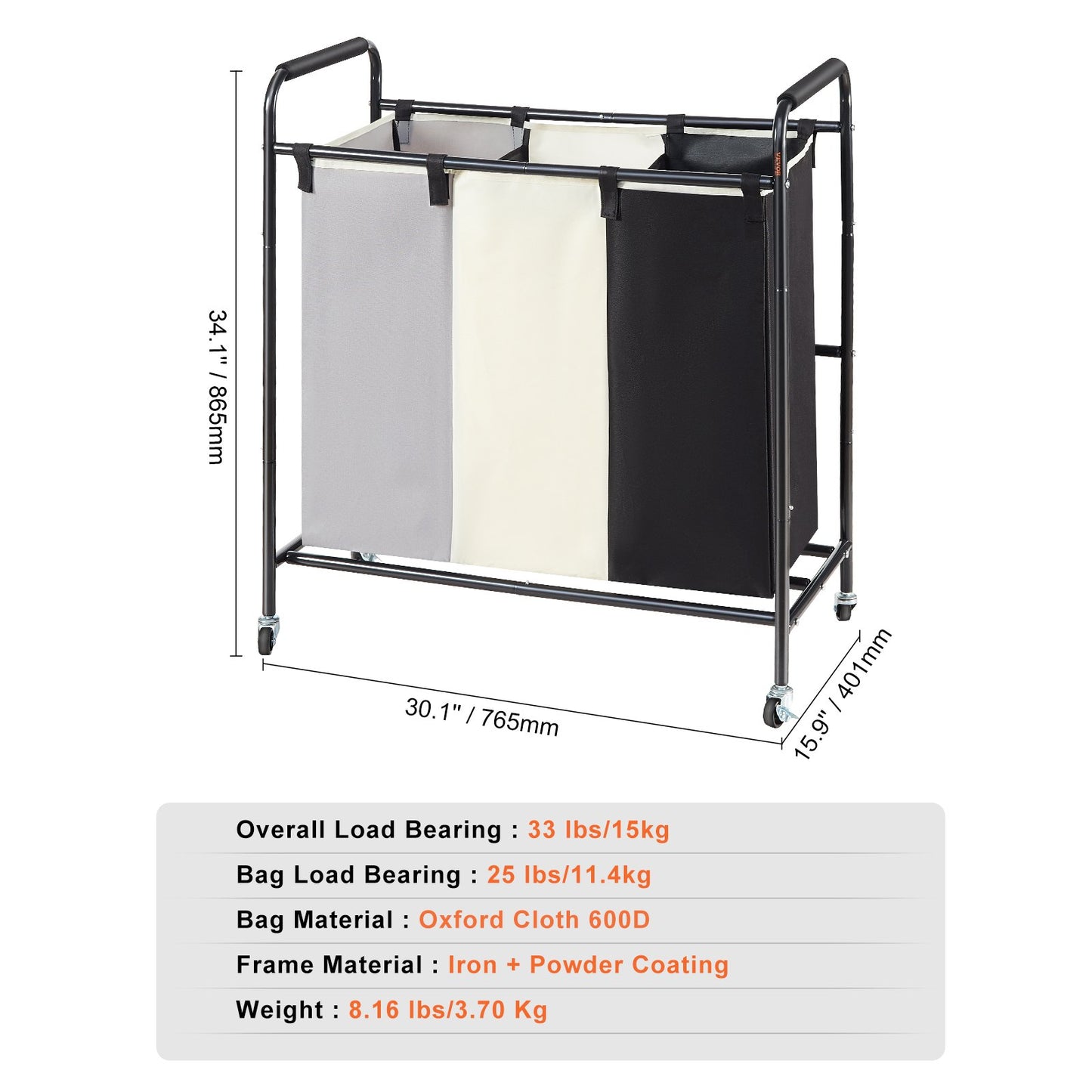 VEVOR 3-Section Laundry Basket, Heavy Duty Laundry Hamper Storage Organizer, Laundry Sorter Cart with Heavy Duty Lockable Wheels for Dirty Clothes in Laundry Room Bedroom - STripleB