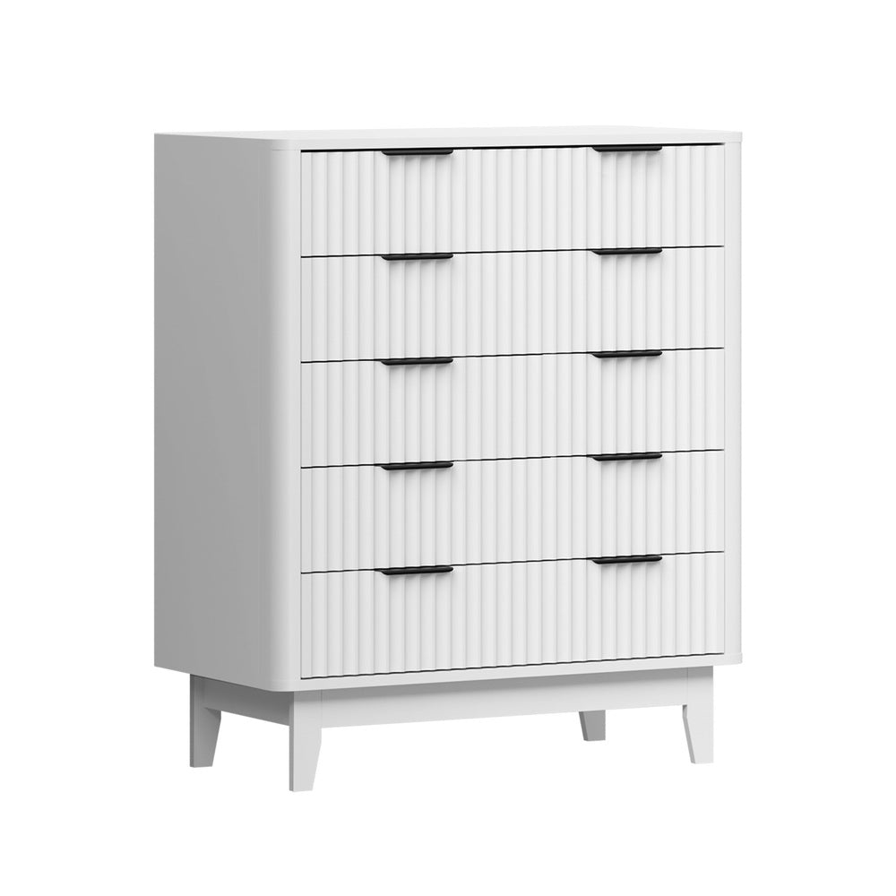 White 5 Drawer Tallboy Dresser with Stripe Design - STripleB