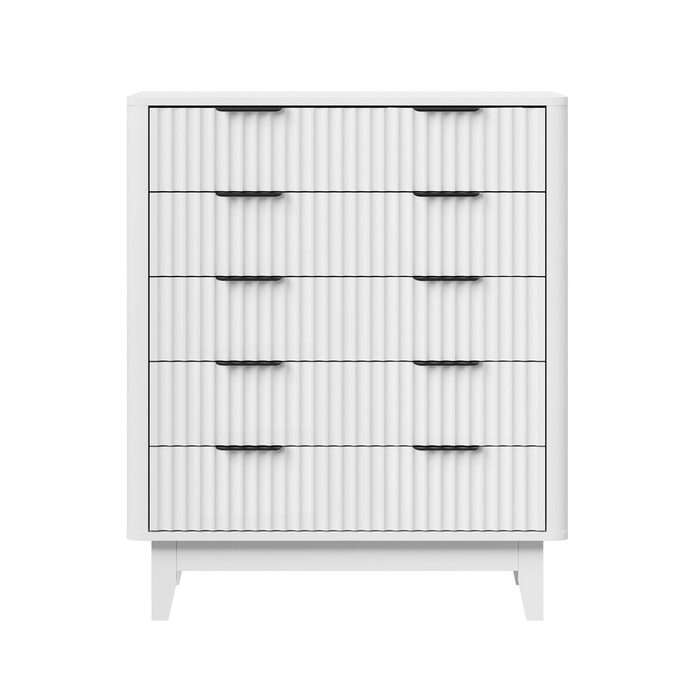 White 5 Drawer Tallboy Dresser with Stripe Design - STripleB