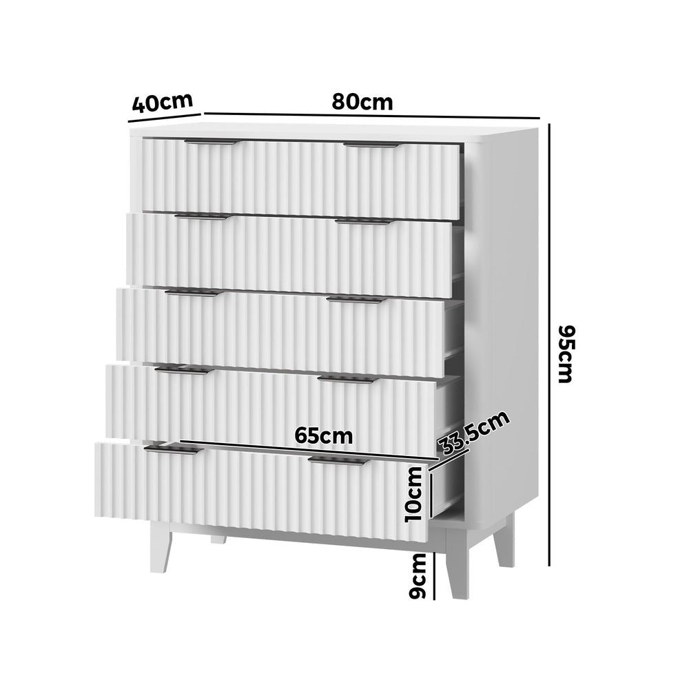 White 5 Drawer Tallboy Dresser with Stripe Design - STripleB