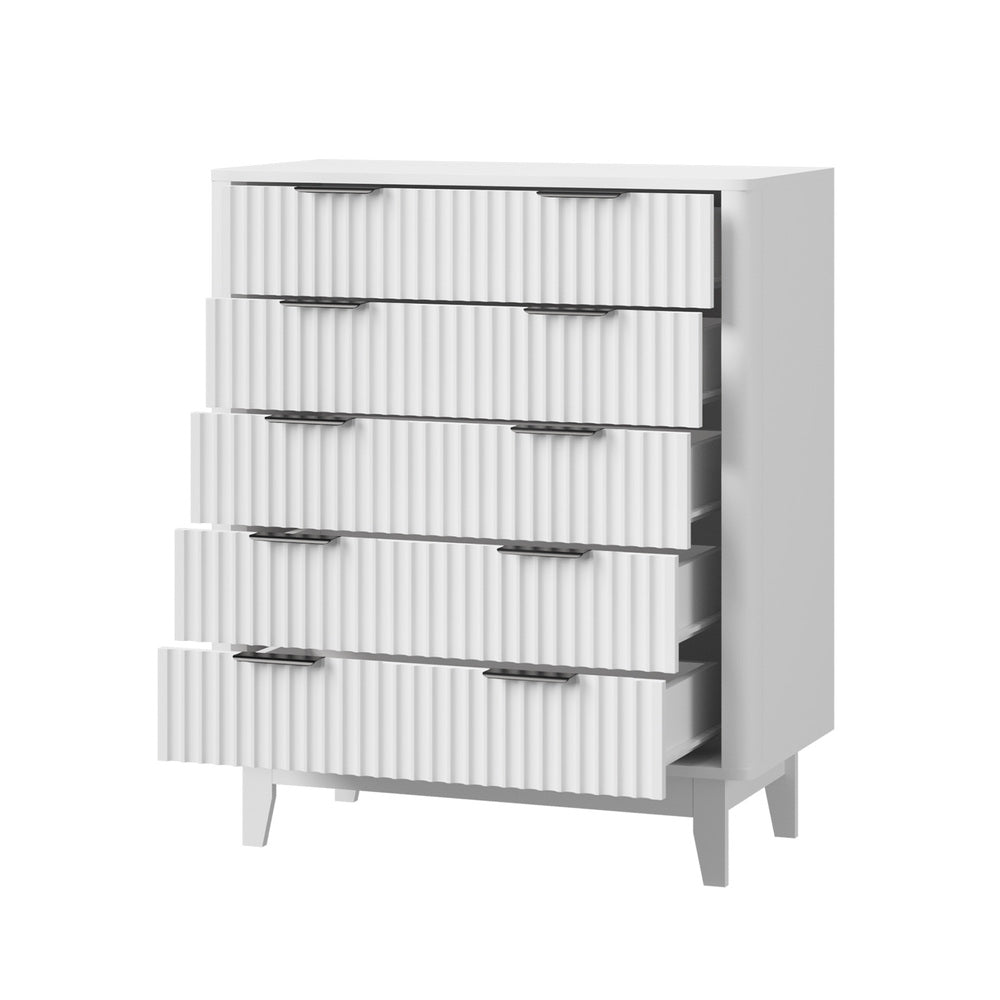 White 5 Drawer Tallboy Dresser with Stripe Design - STripleB