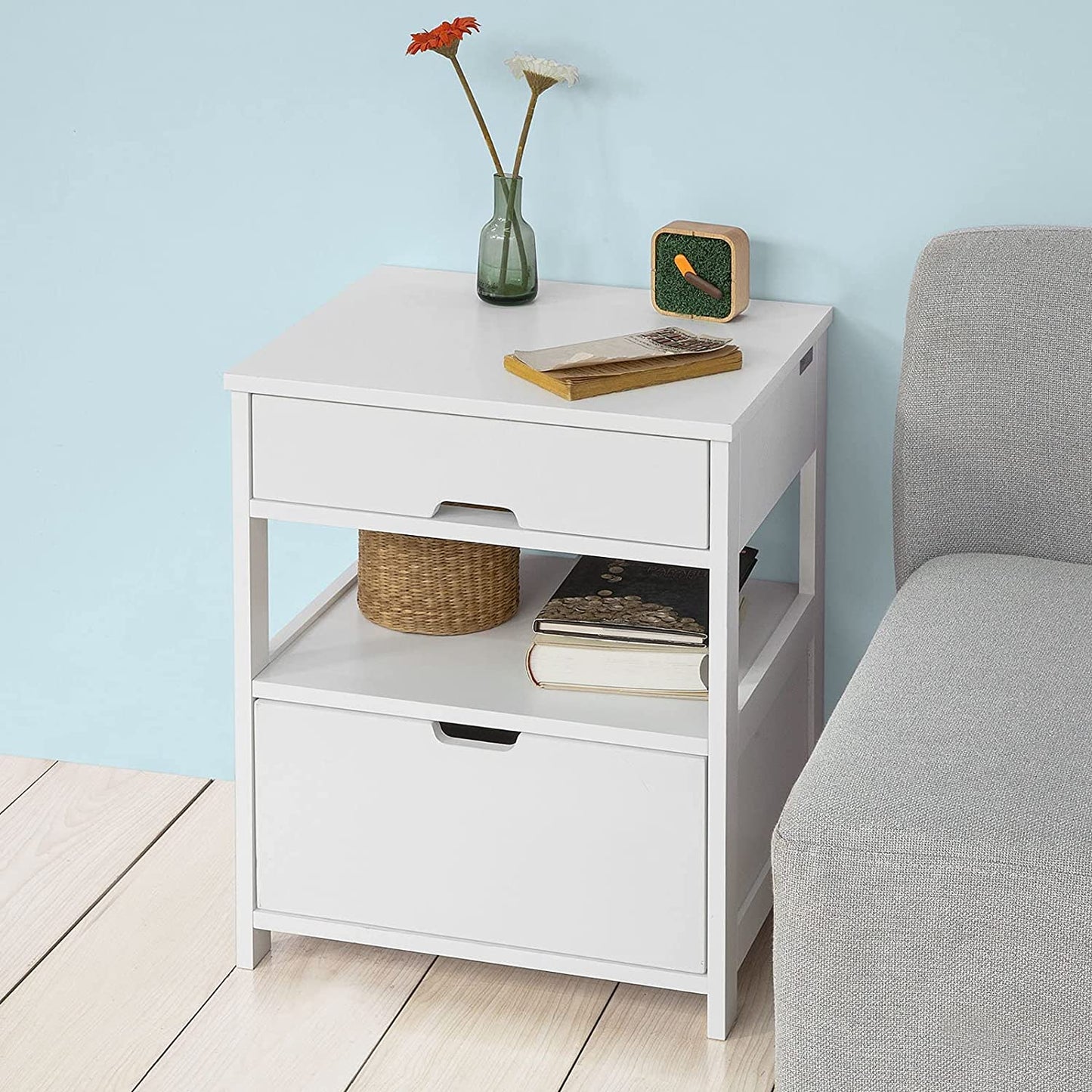 White Bedside Table with 2 Drawers - STripleB