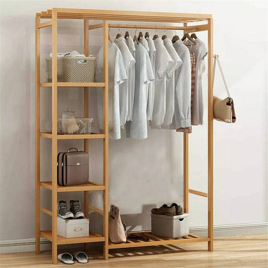 Bamboo Wood Clothing Garment Rack with Shelves - STripleB