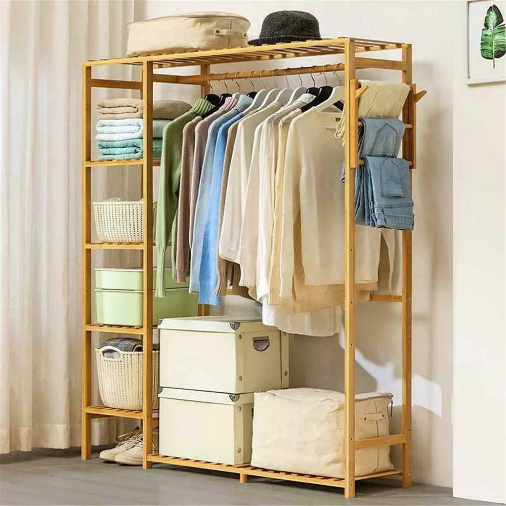 Bamboo Wood Clothing Garment Rack with Shelves - STripleB