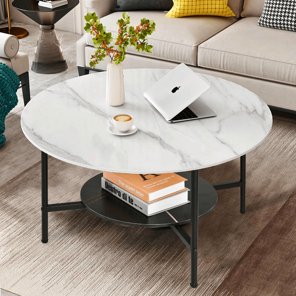 2 Tier Round Sofa Side End Table Marble Coffee Table_0 - STripleB