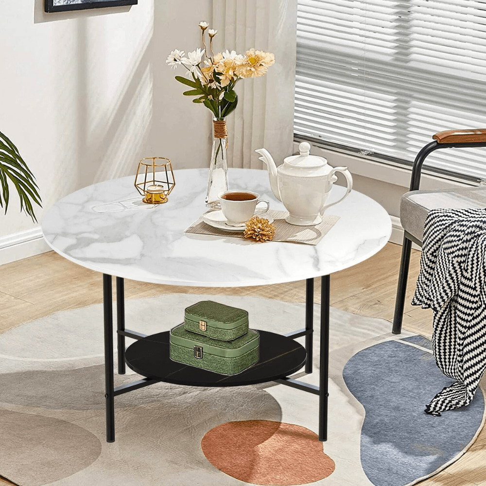 2 Tier Round Sofa Side End Table Marble Coffee Table_2 - STripleB