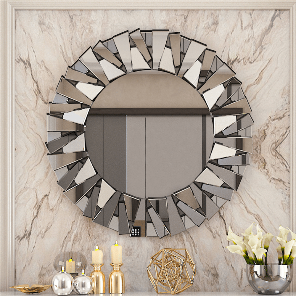 Unique Sunburst Decorative Wall Mounted Beveled Glass Accent Mirror - Round 80CM Silver_0 - STripleB