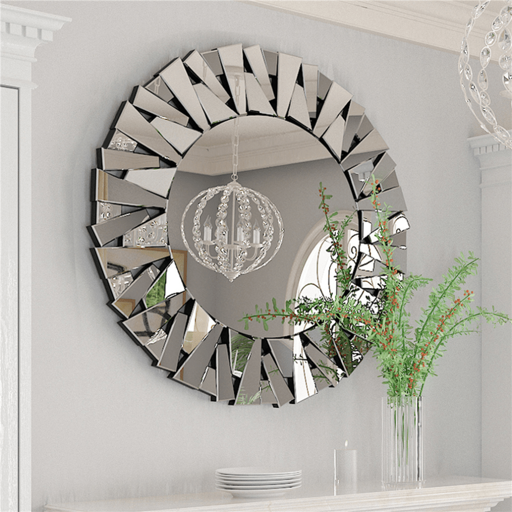 Unique Sunburst Decorative Wall Mounted Beveled Glass Accent Mirror - Round 80CM Silver_1 - STripleB