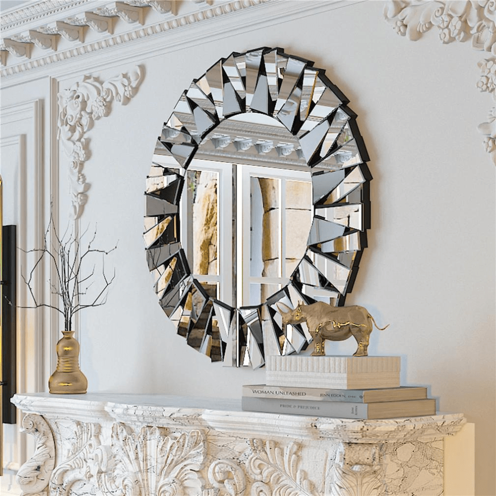 Unique Sunburst Decorative Wall Mounted Beveled Glass Accent Mirror - Round 80CM Silver_2 - STripleB