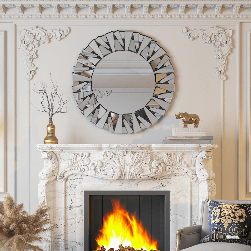 Unique Sunburst Decorative Wall Mounted Beveled Glass Accent Mirror - Round 80CM Silver_3 - STripleB