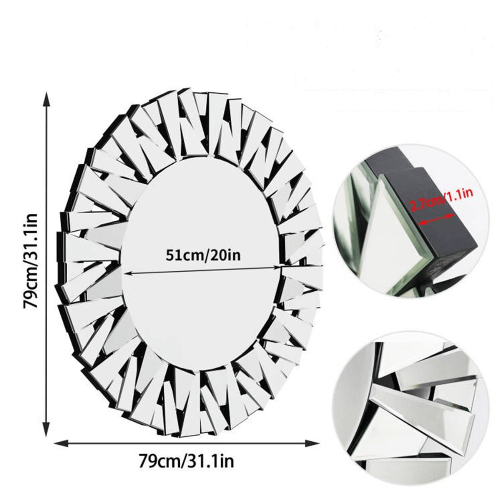 Unique Sunburst Decorative Wall Mounted Beveled Glass Accent Mirror - Round 80CM Silver_6 - STripleB