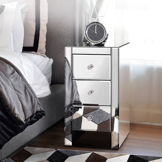 Bedside Table Mirrored Cabinet Nightstand Side End Table Drawers_0 - STripleB