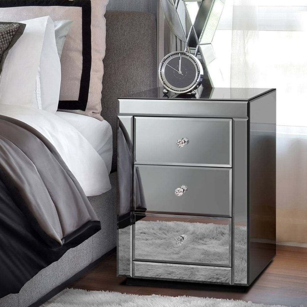 Bedside Table Mirrored Cabinet Nightstand Side End Table Drawers_1 - STripleB