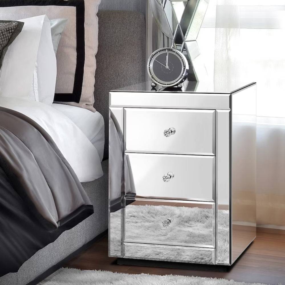 Bedside Table Mirrored Cabinet Nightstand Side End Table Drawers_2 - STripleB