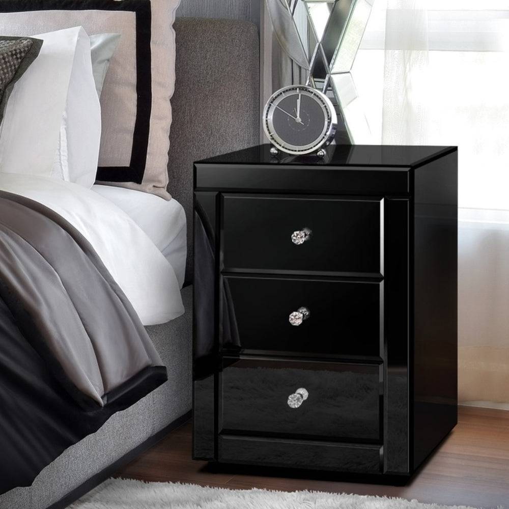 Bedside Table Mirrored Cabinet Nightstand Side End Table Drawers_3 - STripleB