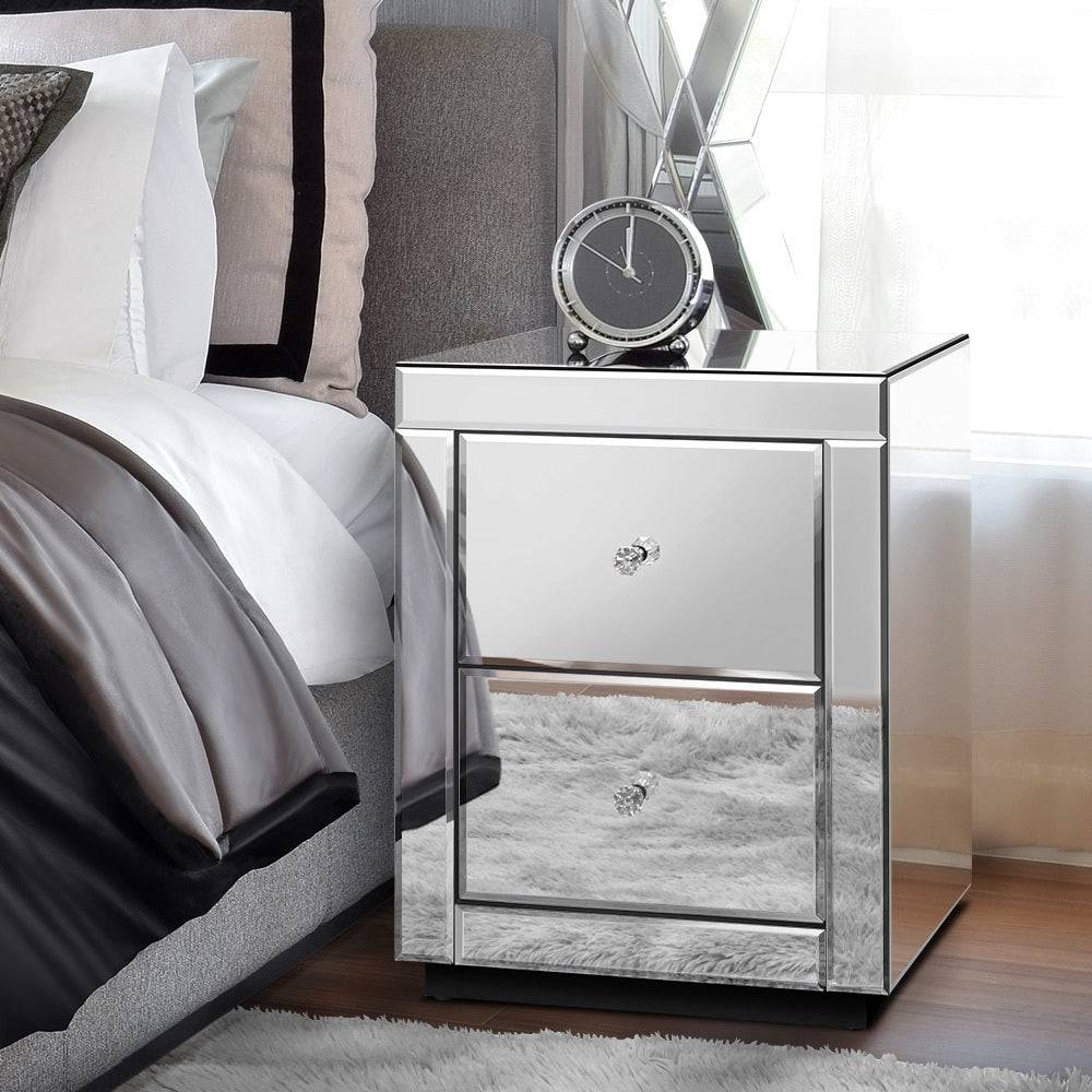 Bedside Table Mirrored Cabinet Nightstand Side End Table Drawers_4 - STripleB