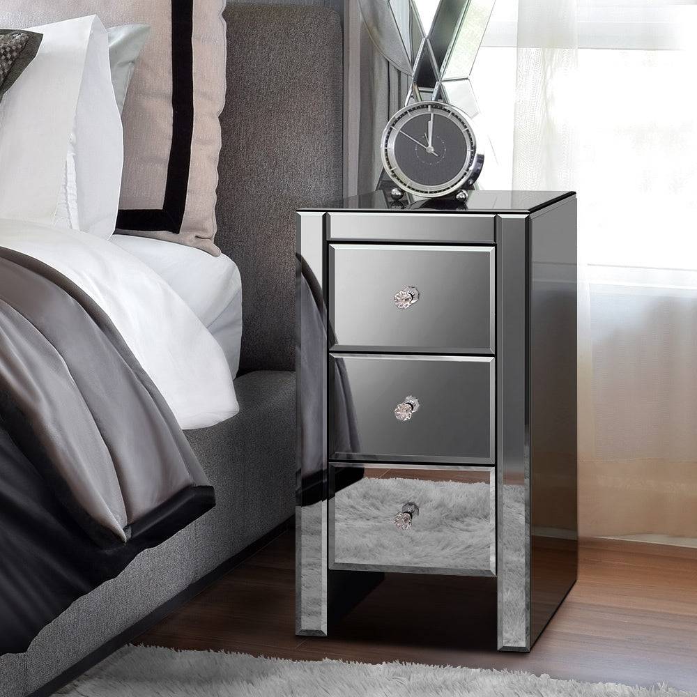 Bedside Table Mirrored Cabinet Nightstand Side End Table Drawers_5 - STripleB