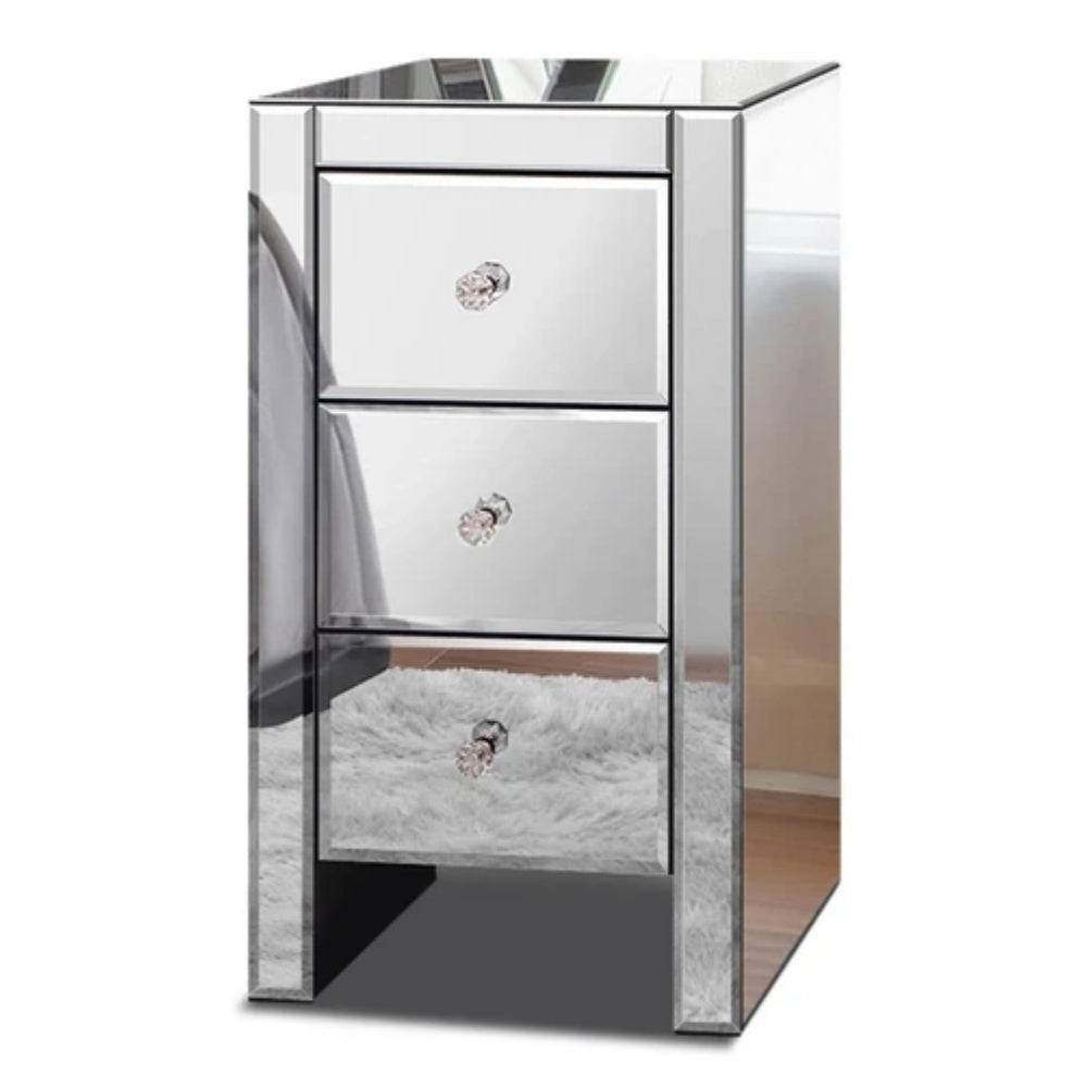 Bedside Table Mirrored Cabinet Nightstand Side End Table Drawers_6 - STripleB