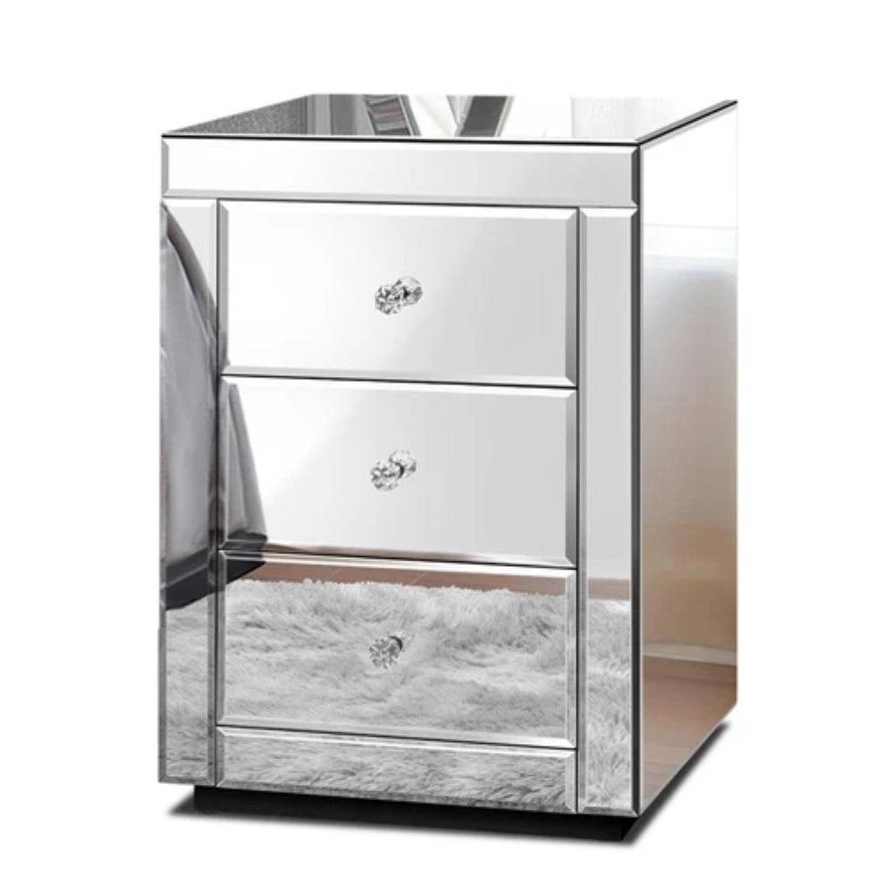 Bedside Table Mirrored Cabinet Nightstand Side End Table Drawers_8 - STripleB