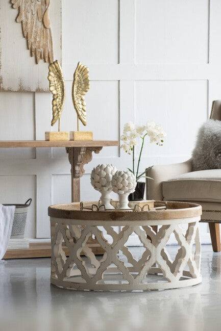 Lattice Round Shabby Chic Coffee Table Distressed White. A lattice pattern with a weathered white finish - STripleB 