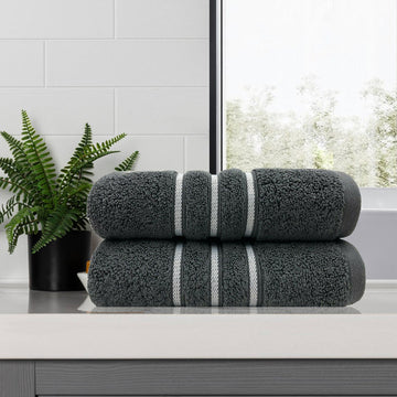 2 PC - Stripe Super Soft Cotton Bath Towel Set - Charcoal - STripleB