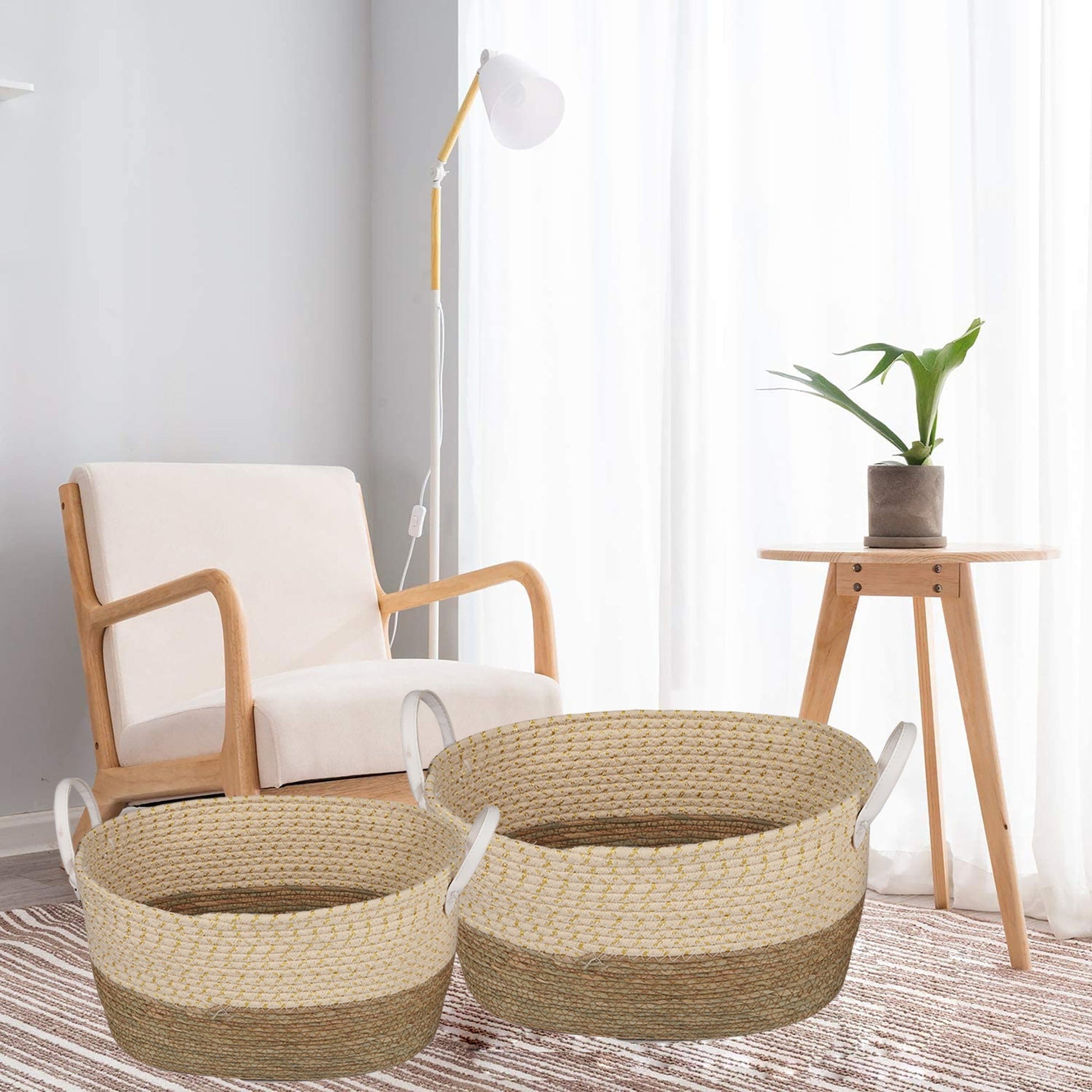 2 Piece - Cotton Rope Stripe Carry Handles Storage Baskets set - STripleB 