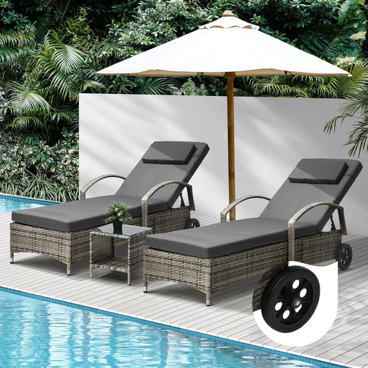 2pcs Wheeled Sun Loungers with Table Outdoor Set Grey - STripleB