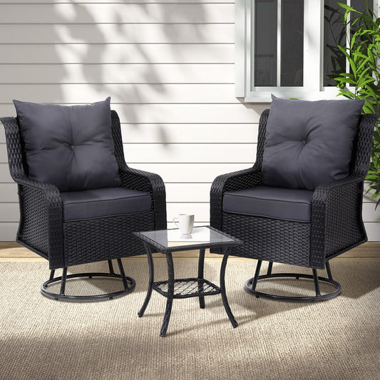3PC Outdoor Furniture Swivel Chairs Set - Black - STripleB