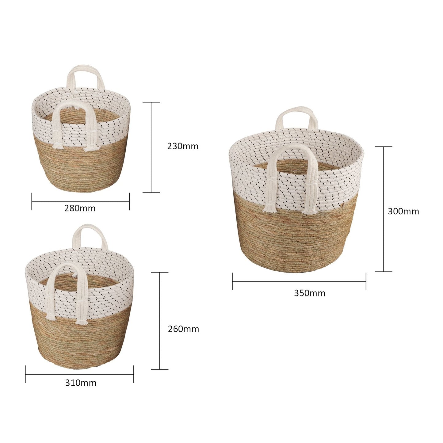 3 Piece - Cotton Rope Stripe Carry Handles Storage Baskets Set - STripleB