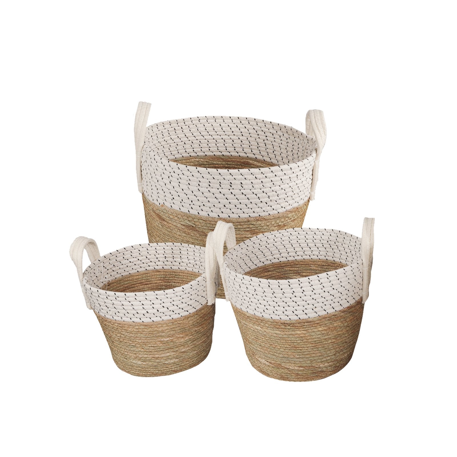 3 Piece - Cotton Rope Stripe Carry Handles Storage Baskets Set - STripleB