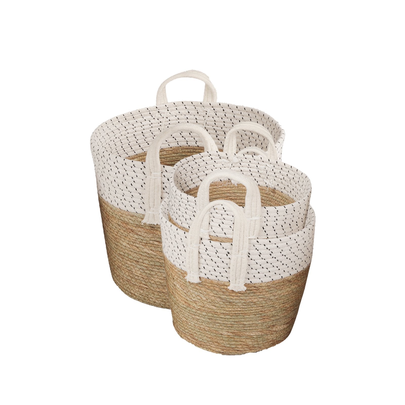 3 Piece - Cotton Rope Stripe Carry Handles Storage Baskets Set - STripleB