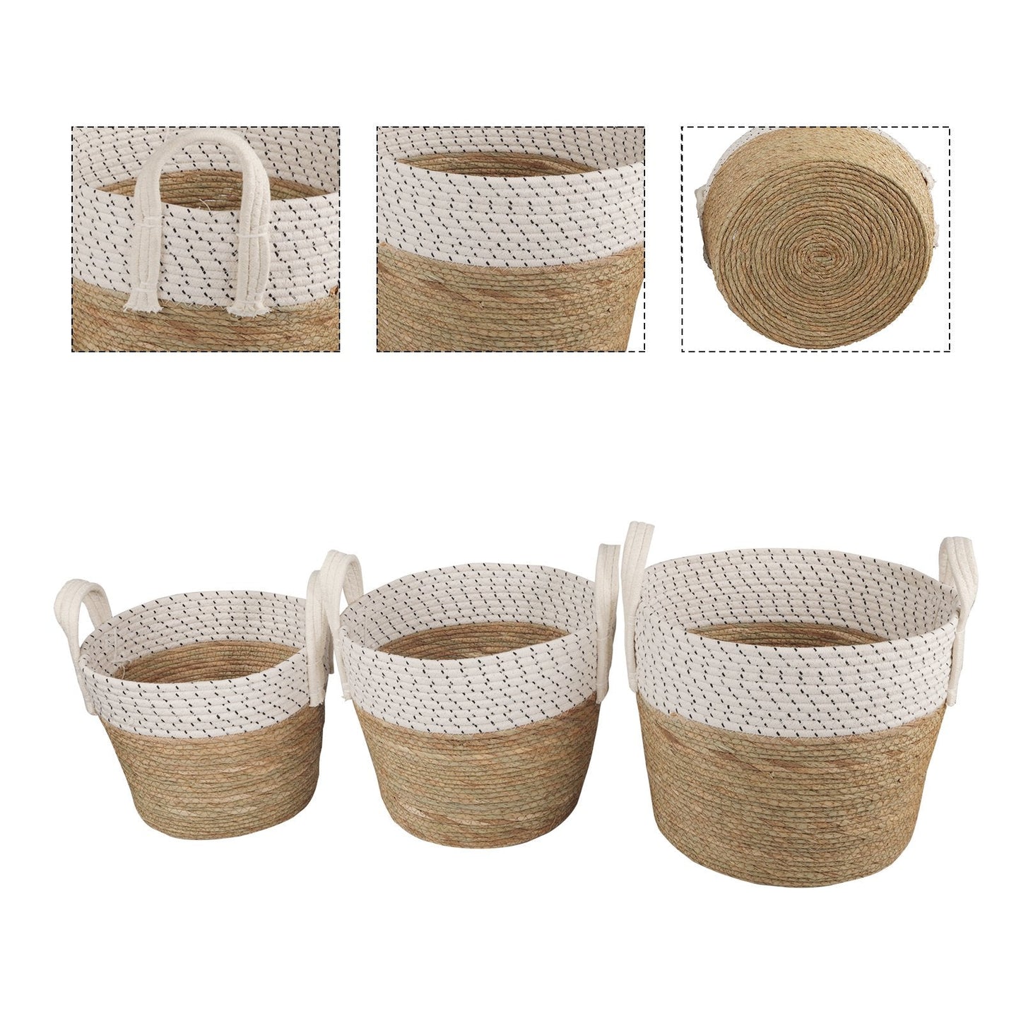 3 Piece - Cotton Rope Stripe Carry Handles Storage Baskets Set - STripleB