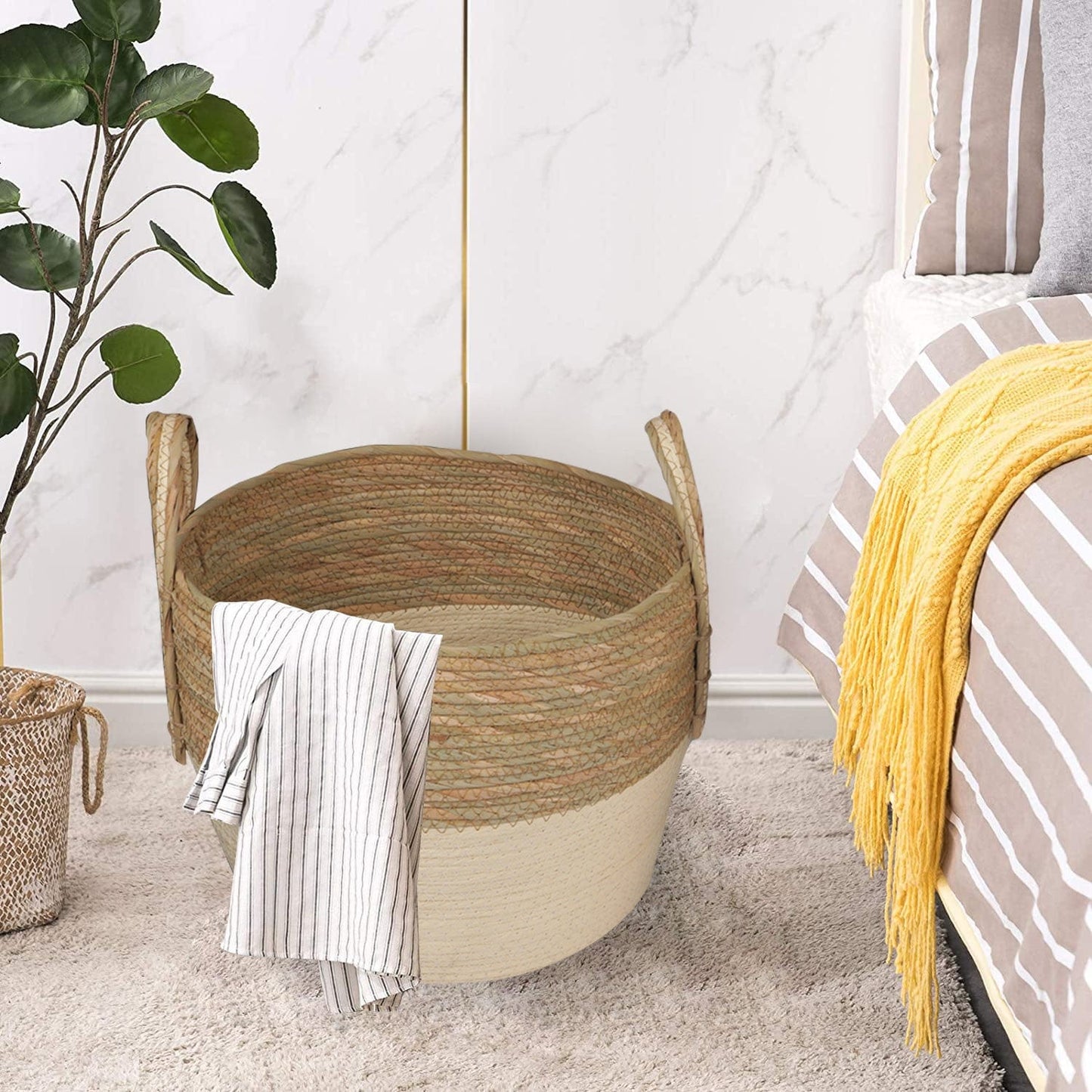 3 Piece - Cotton Rope Stripe Carry Handles Storage Baskets Set - STripleB