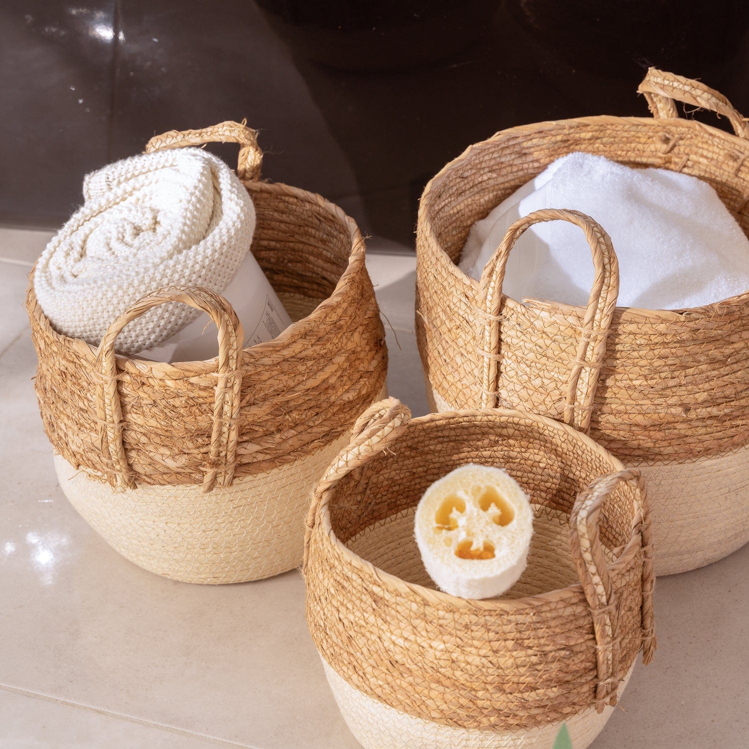 3 Piece - Cotton Rope Stripe Carry Handles Storage Baskets Set - STripleB