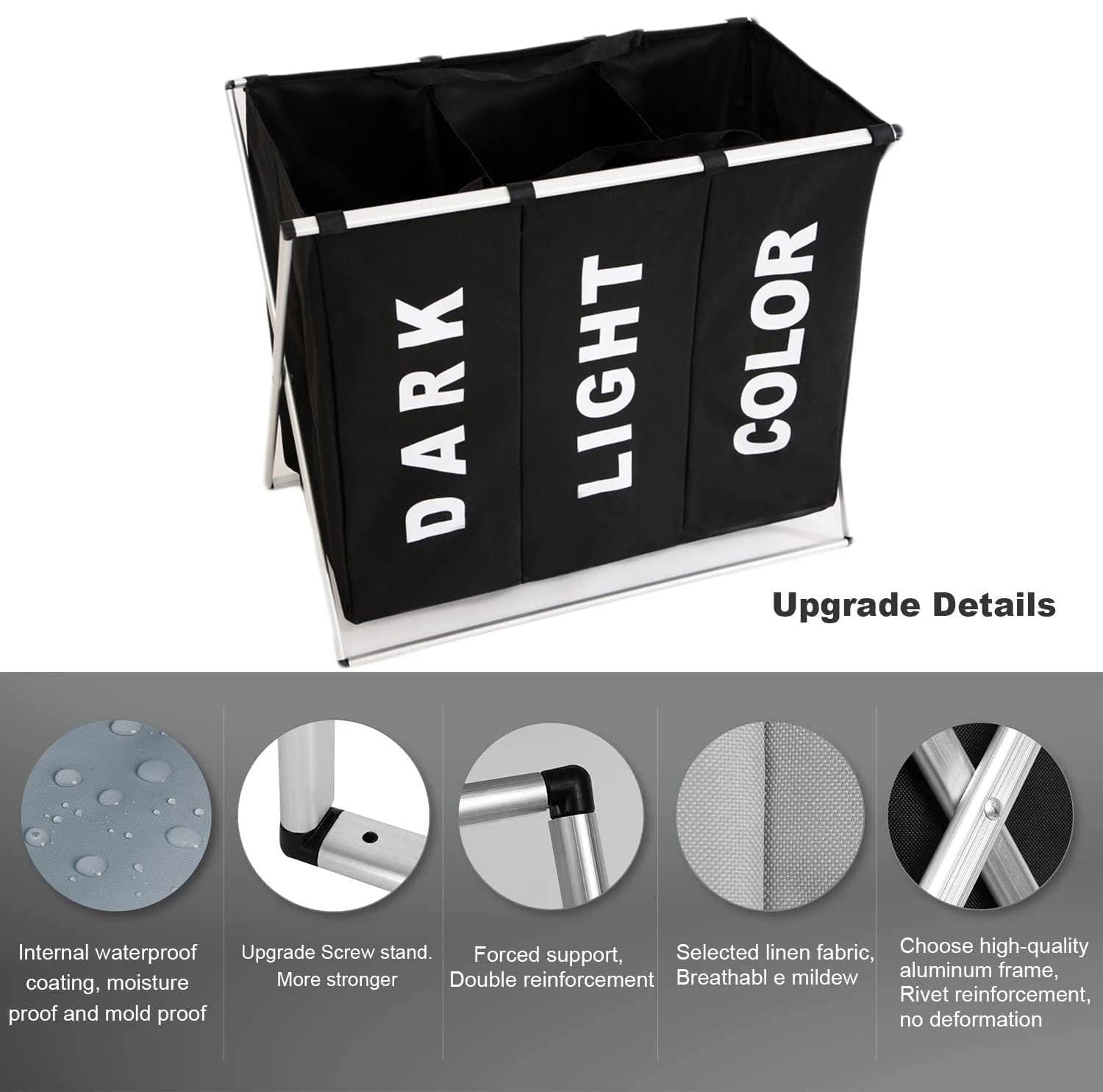 3 in 1 Large 135L Laundry Clothes Hamper Basket with Waterproof bags and Aluminum Frame (Black) - STripleB