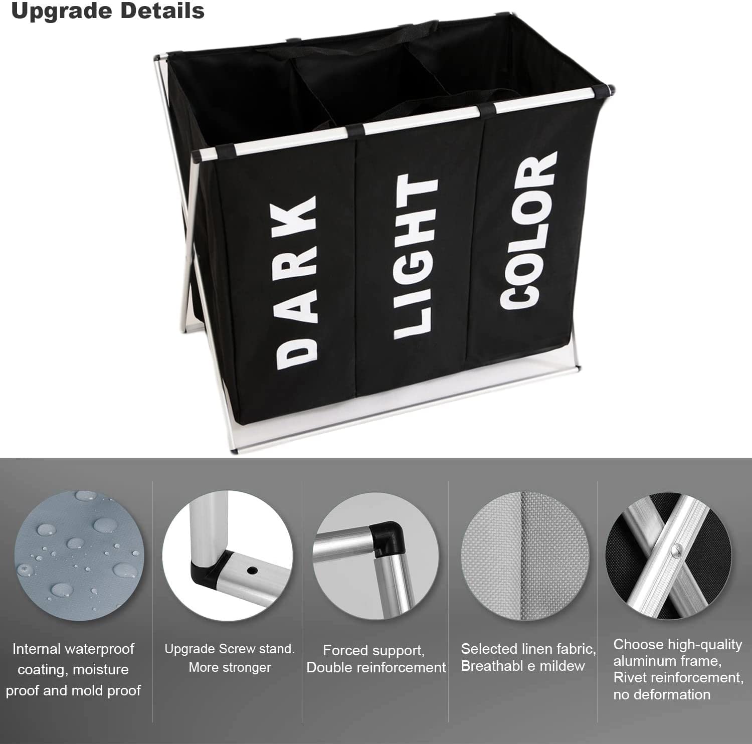 3 in 1 Large 135L Laundry Clothes Hamper Basket with Waterproof bags and Aluminum Frame (Black) - STripleB