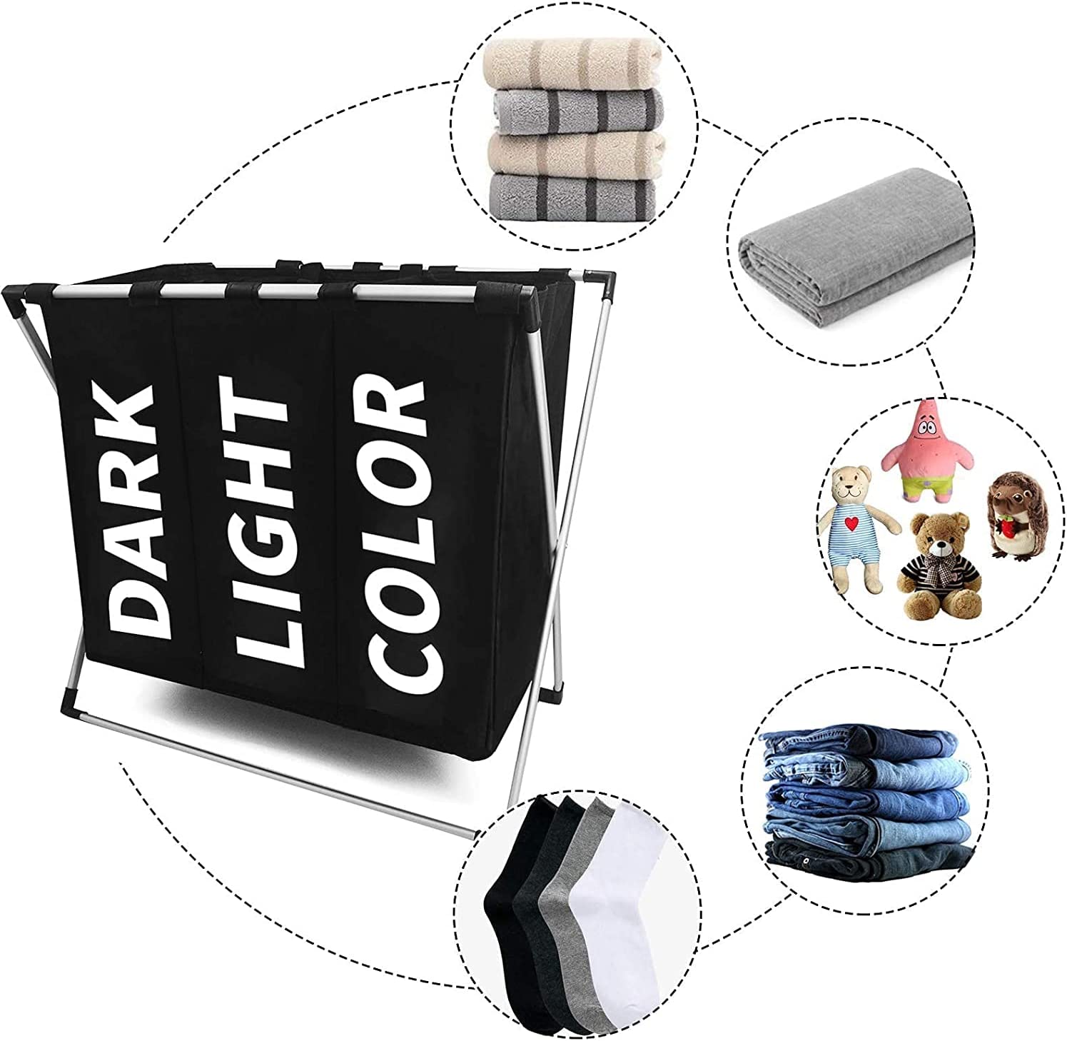 3 in 1 Large 135L Laundry Clothes Hamper Basket with Waterproof bags and Aluminum Frame (Black) - STripleB