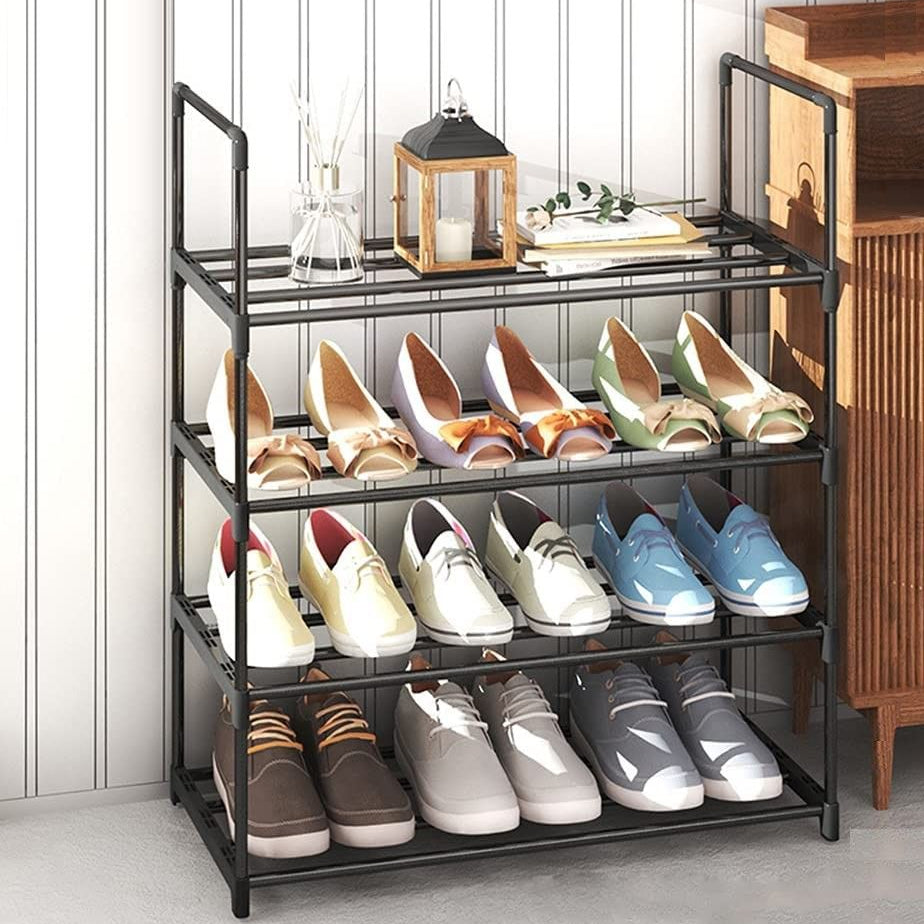 4-Tier Stainless Steel Shoe Rack Storage Organizer to Hold up to 15 Pairs of Shoes (55cm, Black) - STripleB 
