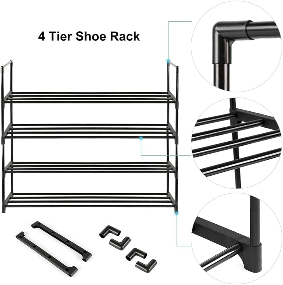 4-Tier Stainless Steel Shoe Rack Storage Organizer to Hold up to 15 Pairs of Shoes (55cm, Black) - STripleB 