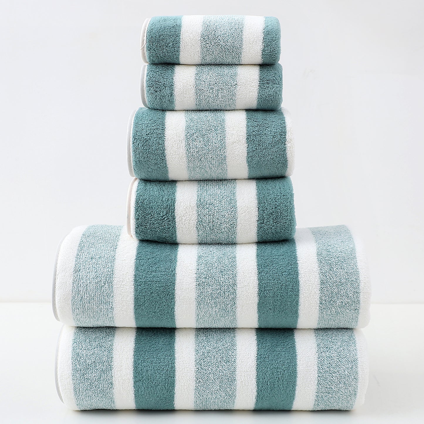 6 Piece Set - Luxury Cotton Green Wide Stripe Towel Set - STripleB
